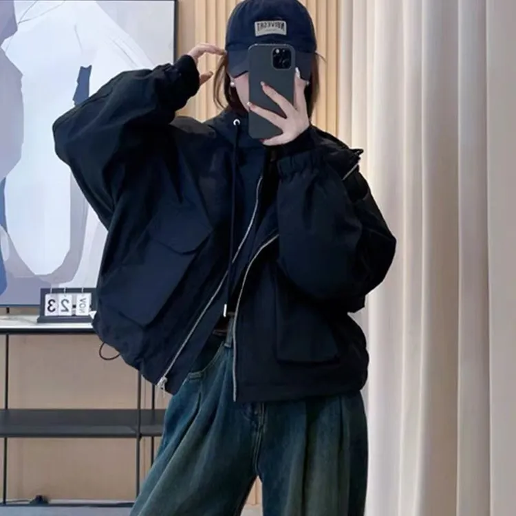2024冬款欧货立领连帽加绒加厚冲锋衣棉服外套女宽松百搭派克服
