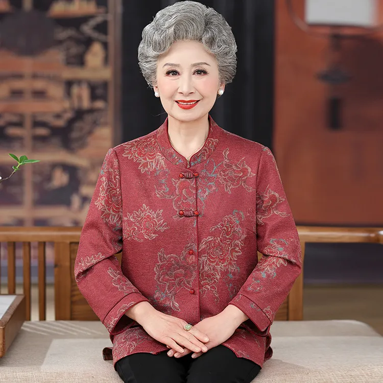 老年人春装女衬衫唐装奶奶大寿长袖上衣妈妈婚宴老太太薄外套衣服
