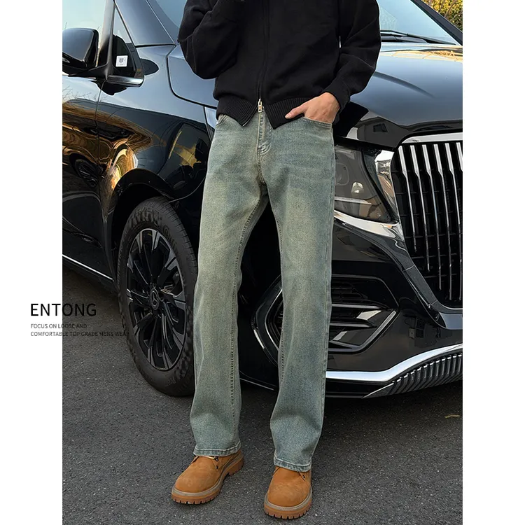 Entong美式水洗做旧牛仔裤男生街头痞帅高街vibe显瘦复古直筒裤子