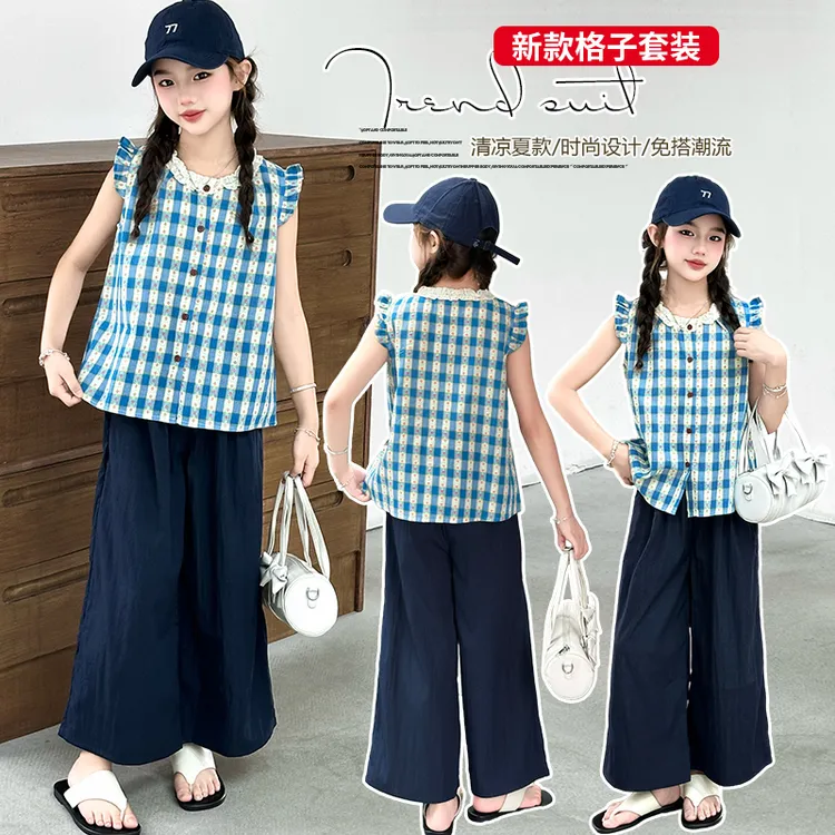 2025新款女童中大童童装套装6-18甜美夏季格子洋气网红爆款薄套装
