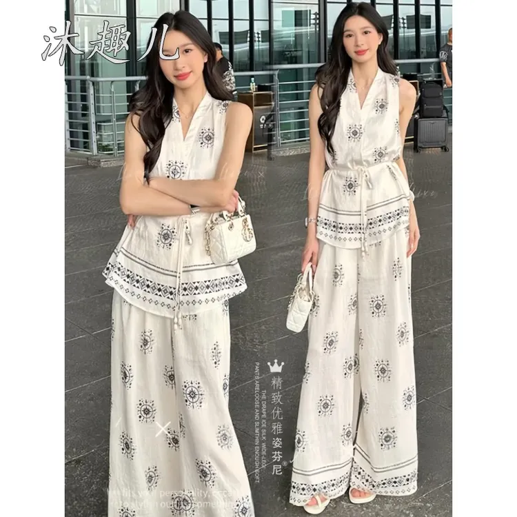 御姐范时尚套装女夏季新款洋气印花V领无袖马甲上衣阔腿裤三件套