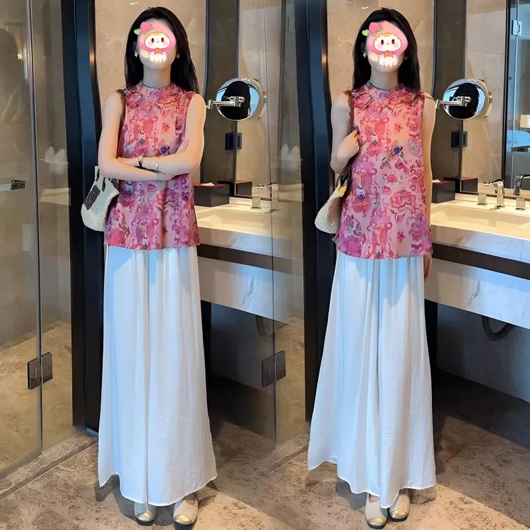 夏季民族风印花复古唐装新中式时尚套装碎花无袖立领上衣阔腿裤