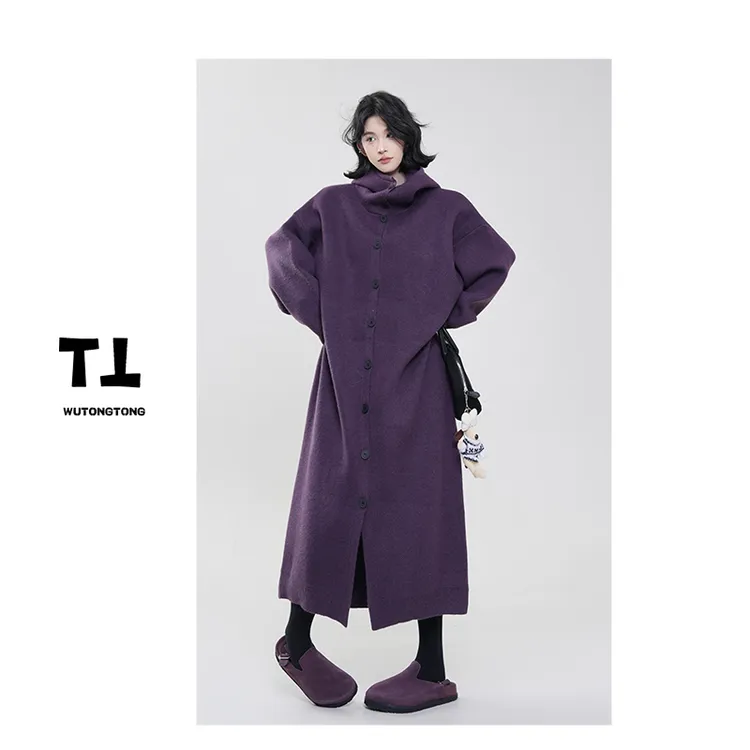 现货【次元新生】冬季连帽长袖加厚长款毛衣裙女宽松针织外套61738