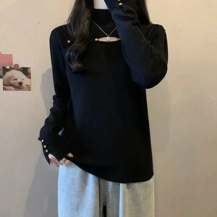 大码女装镂空显瘦高领针织打底衫上衣女秋冬内搭减龄遮肚长袖毛衣