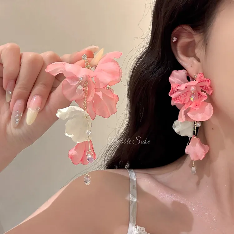 邂逅蜜桃粉 夏日花朵流苏耳环女2025新款海边度假风夸张绝美耳饰
