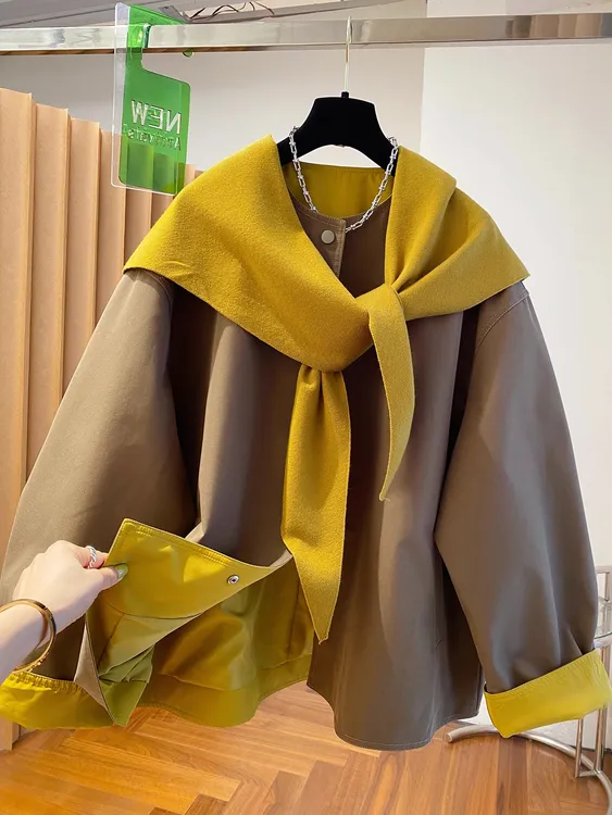 大码300斤爆款韩国黄色披肩斗篷式风衣外套女秋新款宽松百搭上衣