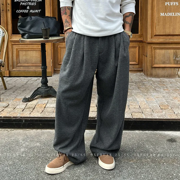 OXFREAK「立体收褶 羊毛混纺」老钱风垂感休闲裤男宽松阔腿西装裤