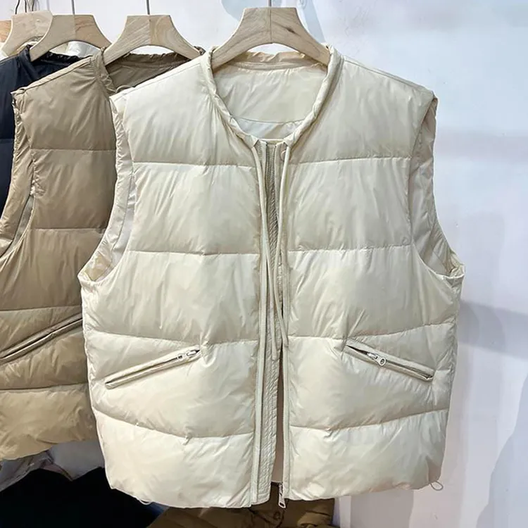 涤纶2025秋冬新款时尚百搭立领马甲外套女圆领拉链口袋坎肩背心上