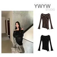 【YWYW25F/W】一字肩螺纹绑带镂空微喇袖毛针织衫5392