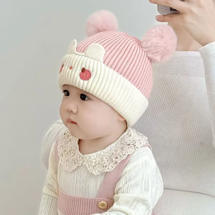 宝宝帽子秋冬季可爱毛球套头帽婴幼儿保暖针织毛线帽加厚男女护耳