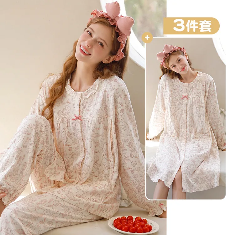 家时光月子服纯棉100%全棉孕妇睡衣春秋冬12-3月待产服产妇裙7459