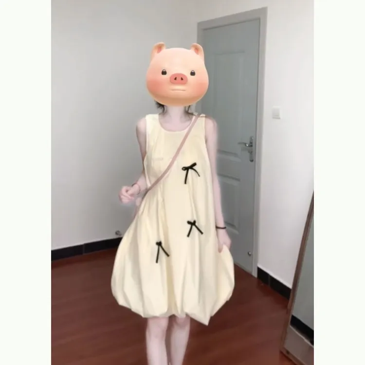 韩系蝴蝶结拼接连衣裙女夏季2025新款收腰显瘦a字收腰设计感短裙