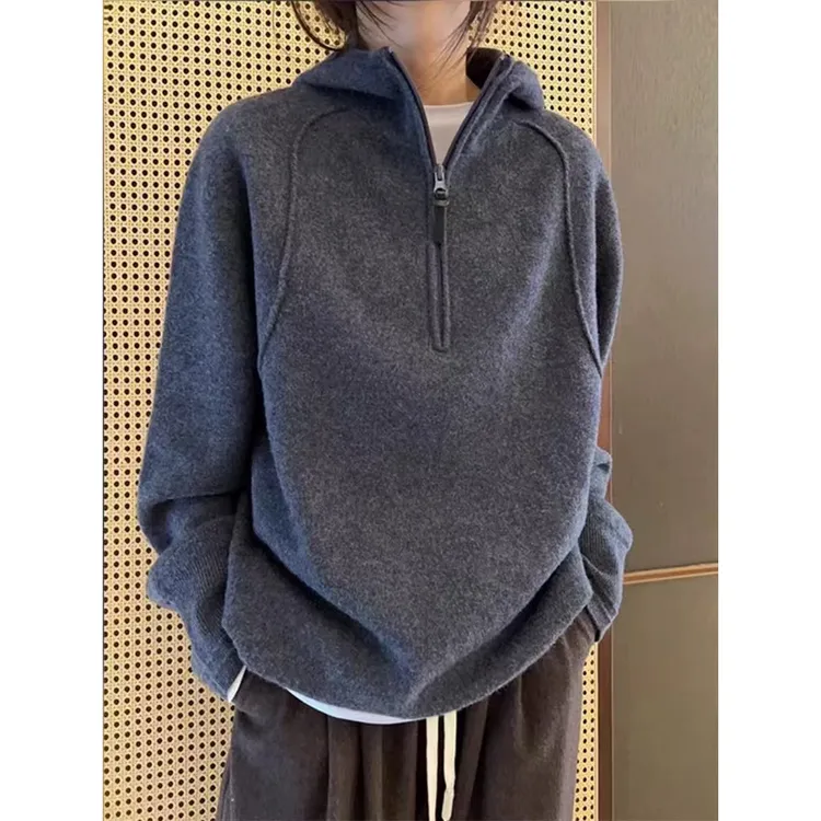 慵懒风高级感灰色拉链连帽毛衣韩系宽松秋冬加厚女士外穿针织上衣