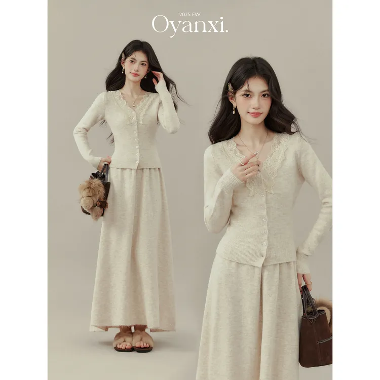 欧阳喜【苔原诗页】秋冬韩系气质高级感针织v领上衣半身裙套装
