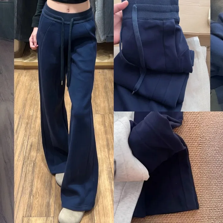 藏青色lulu同款运动裤女秋季2025新款小个子宽松休闲加绒直筒卫裤
