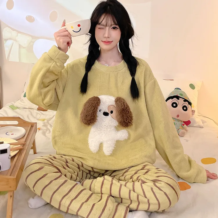 法兰绒睡衣女秋冬季卡通甜美珊瑚绒女士睡衣韩版加厚可外穿家居服