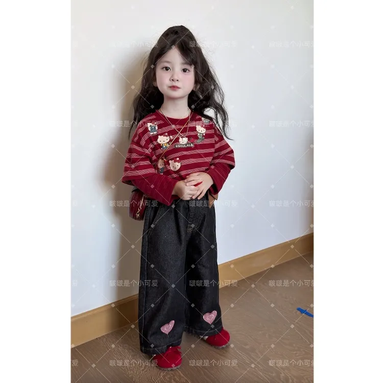 童装女童秋季套装假两件长袖新款儿童HelloKitty休闲直通牛仔裤