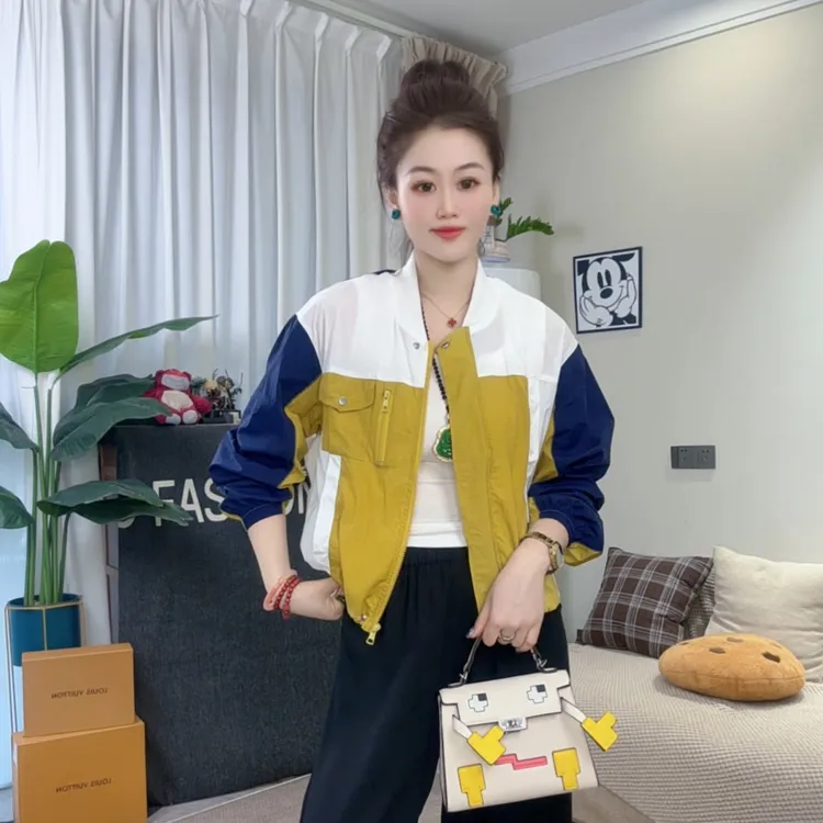 新款2025夏季轻薄时尚百搭休闲圆领长袖拼色防晒外套女