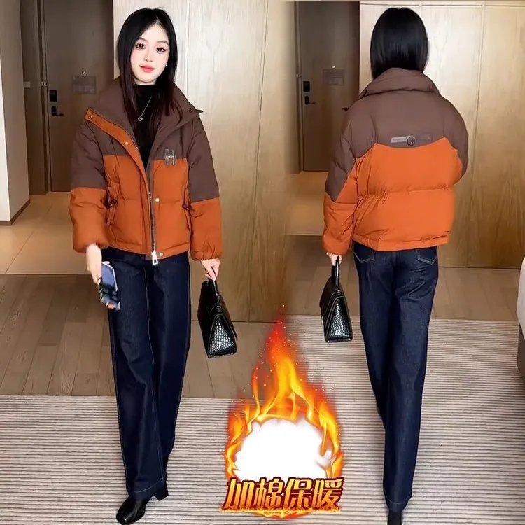 冬季2025新款撞色拼接棉服女短款小个子棉衣宽松加厚棉袄保暖外套