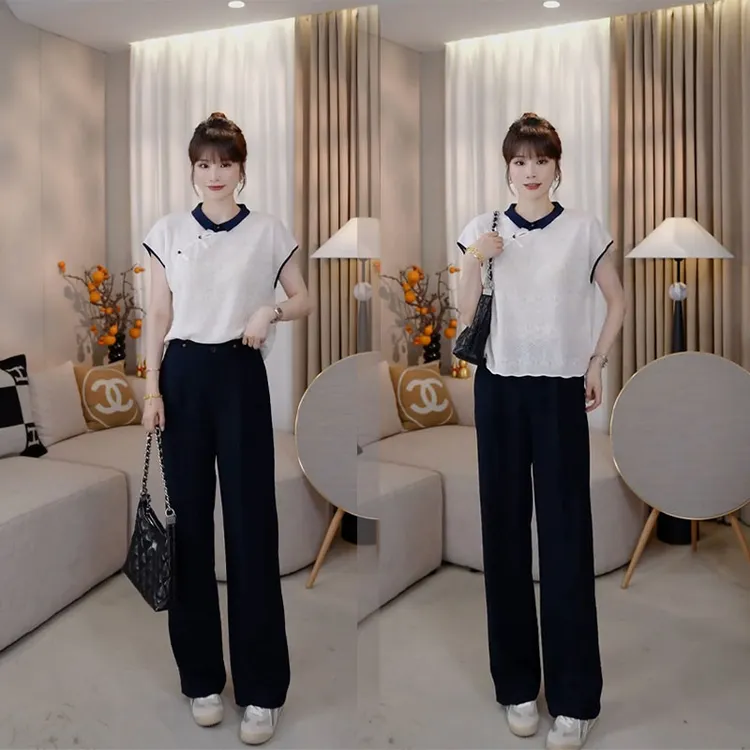 韩系减龄懒惰风时尚气质夏装超火盘扣短袖上衣休闲长裤百搭两件套