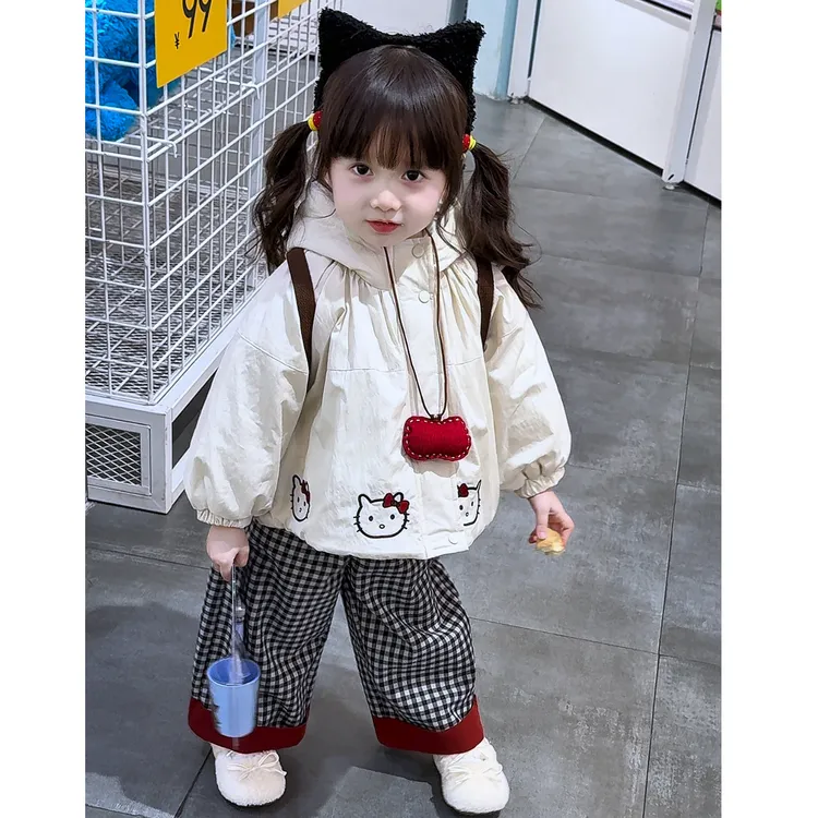 高品质新款女童韩版宽松夹棉外套搭配格子一体绒休闲裤～