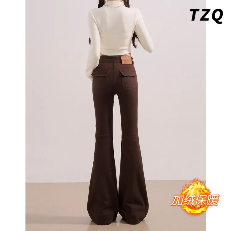 咖色紧身加绒微喇牛仔裤女2025爆款秋季高腰显瘦修身小个子喇叭裤