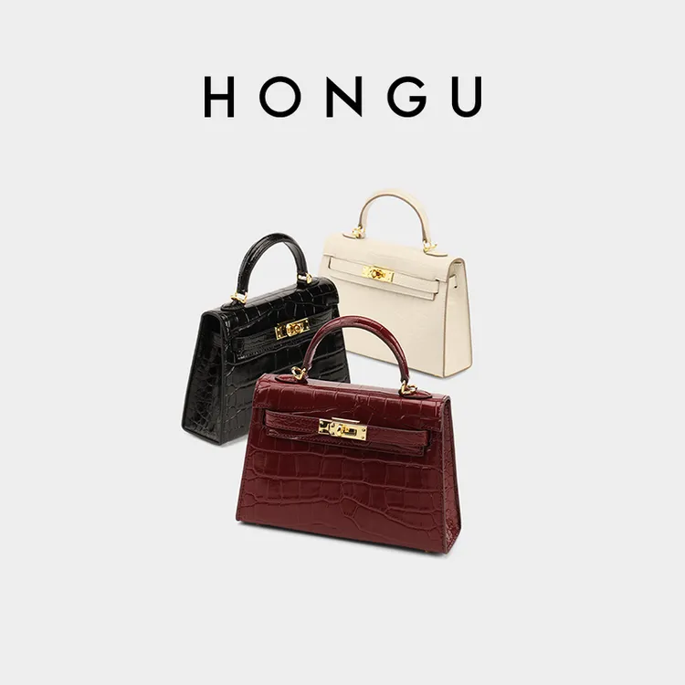 HONGU/红谷女包时尚单肩包鳄鱼纹牛皮凯莉包手拎单肩斜挎包女百搭