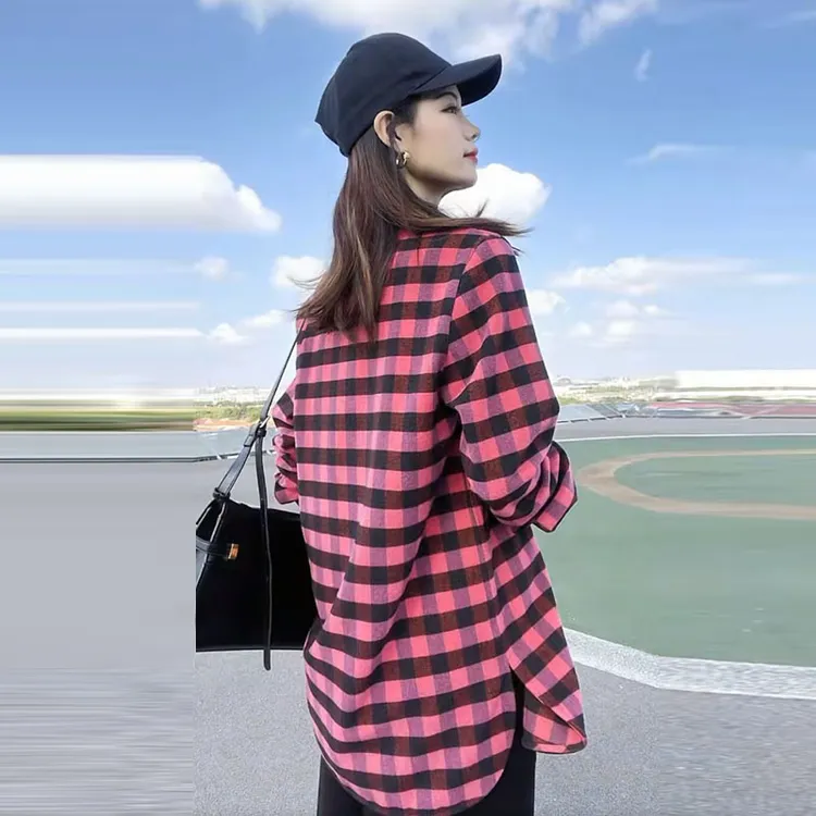 哥家春秋新款时尚韩版格子中长款衬衫女宽松休闲磨毛上衣5300701