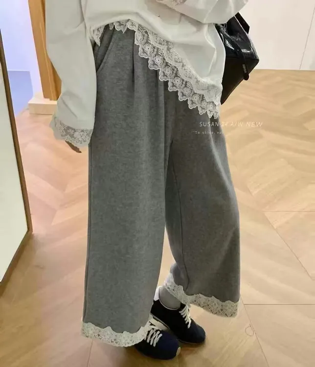 （米约裤）韩系森女拼接蕾丝花边女松紧腰加厚加绒阔腿直筒裤C306