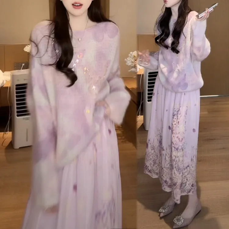 早秋新款晕染蝴蝶针织衫女宽松大码慵懒风减龄洋气套头长袖毛衣女