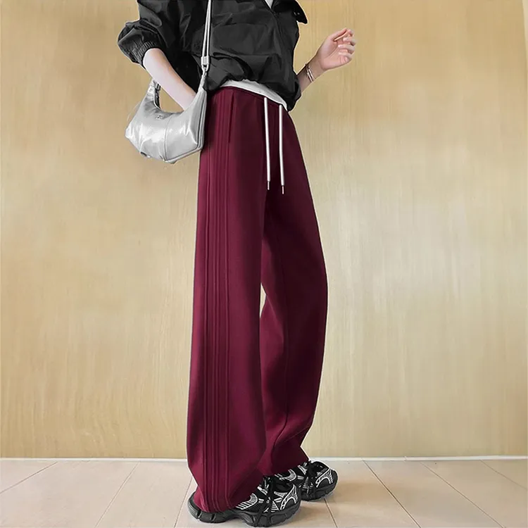 美式酒红色杠条卫裤女秋冬高个子宽松阔腿裤显瘦休闲直筒裤运动裤