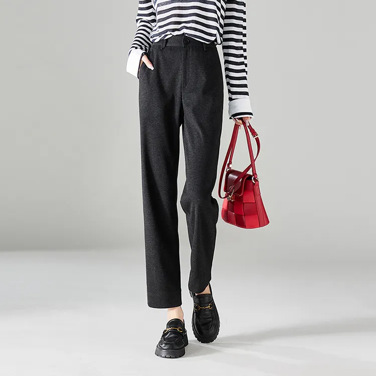 索菲丝尔含醋纤羊毛开叉直筒裤女2025秋季冬厚款女裤烟管裤531016