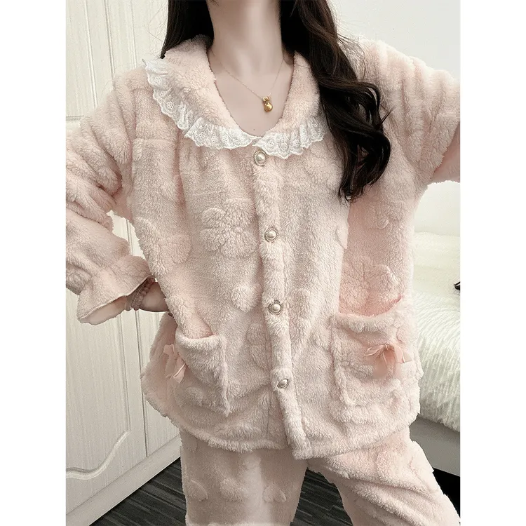 【加厚法兰绒】公主风珊瑚绒睡衣女款秋冬季新款蝴蝶结家居服套装