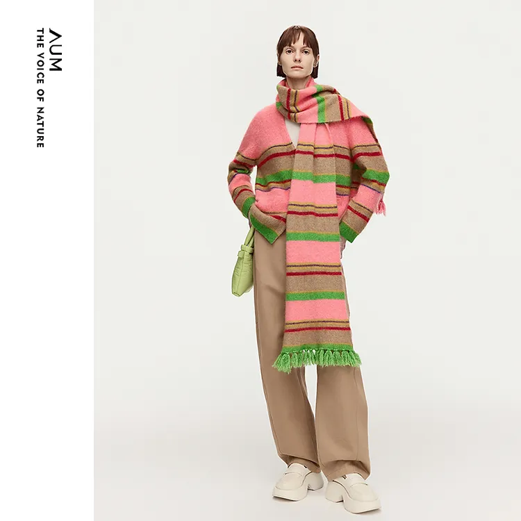 AUM噢姆26年春季新款时尚V领彩条撞色条纹宽松针织开衫M1GB1W02M