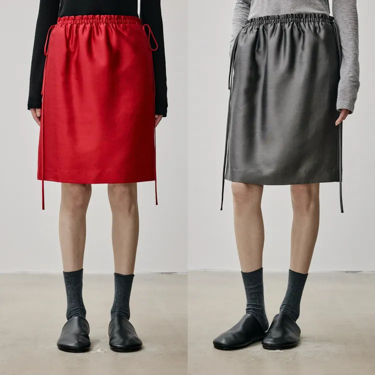 开间/高阶奢感 定纺32MM重磅真丝羊毛 抽绳飘带花瓣腰膝上短半裙