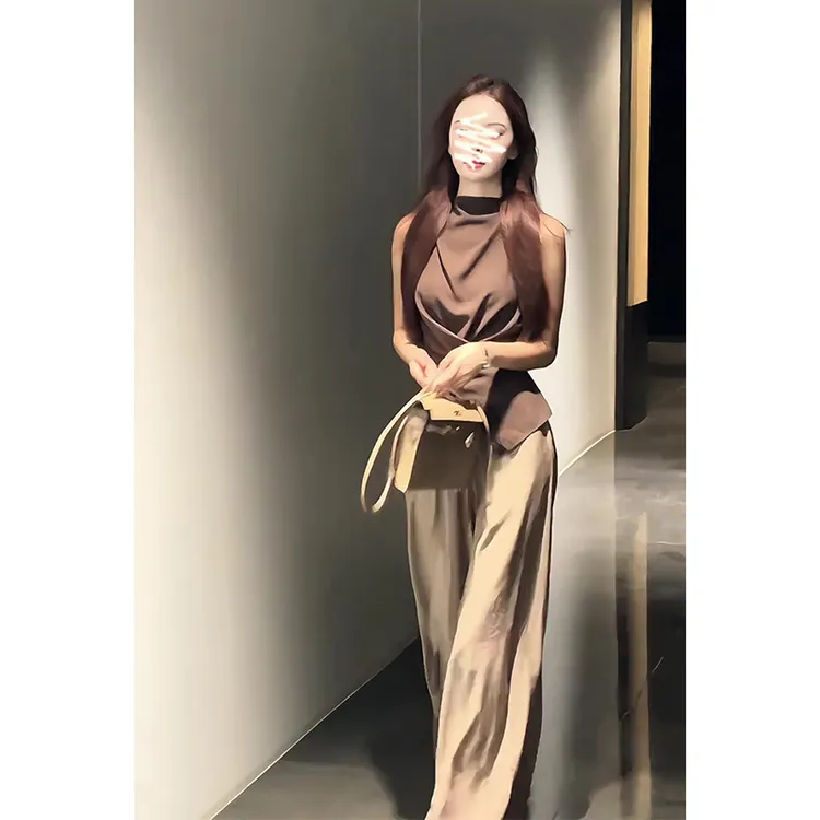2025夏季新款女韩系穿搭收腰设计感无袖上衣气质高腰显瘦阔腿长裤