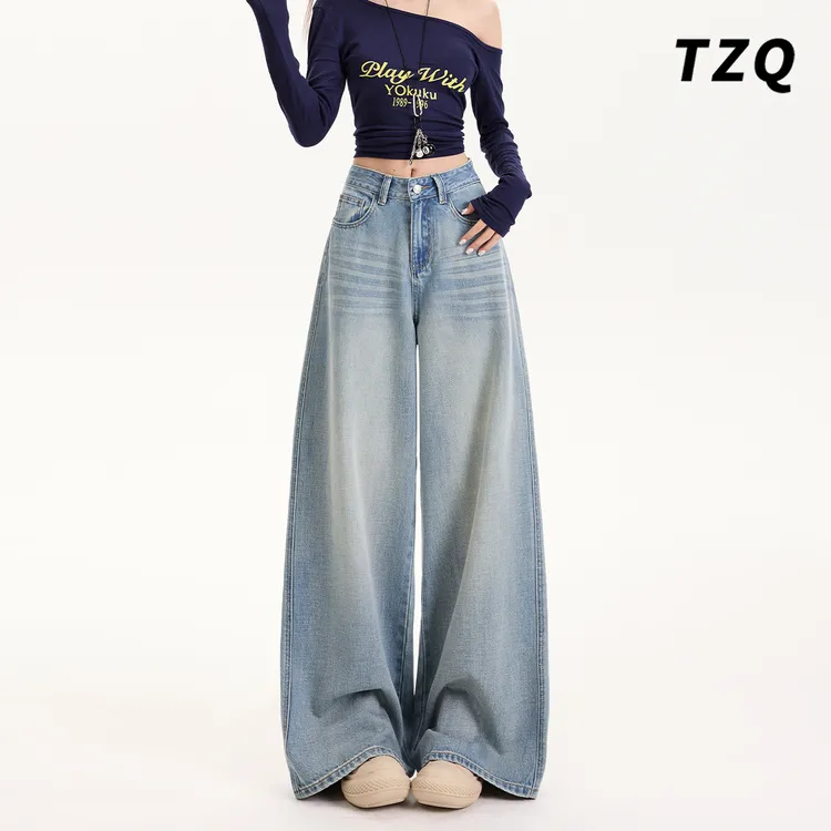松弛感阔腿牛仔裤女款2025新款高腰显瘦遮肉拖地裤春秋TZQ2581114