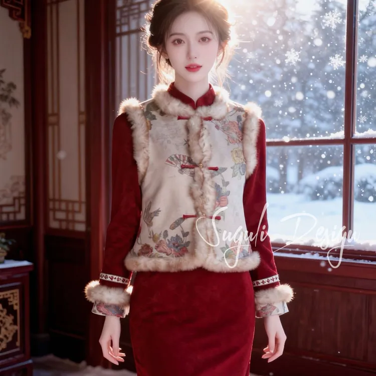 苏故里【花好月圆】新款冬季加绒修身显瘦气质新中式旗袍中长小个子