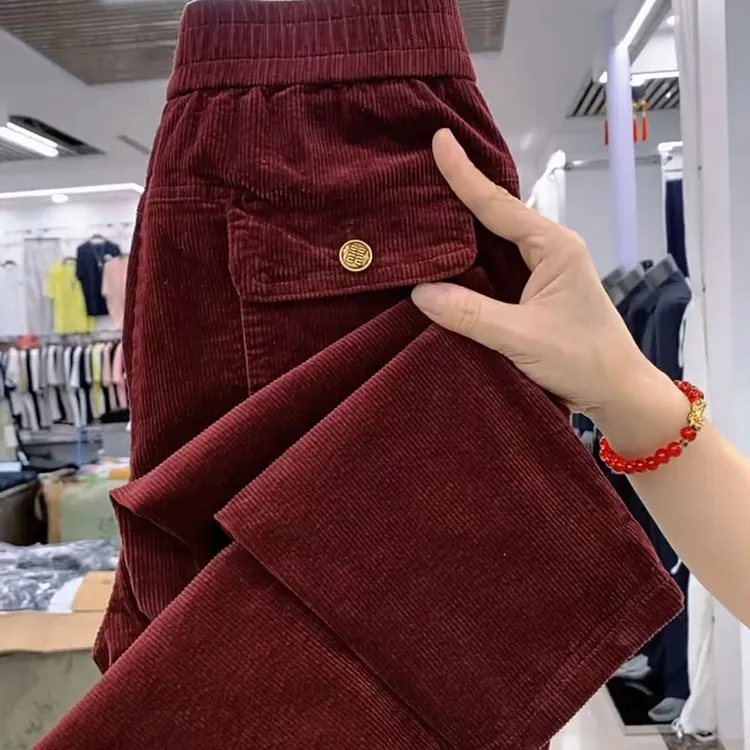 女裤小脚哈伦裤2025秋季新款灯芯绒高腰洋气百搭梨形舒适弹老爹裤