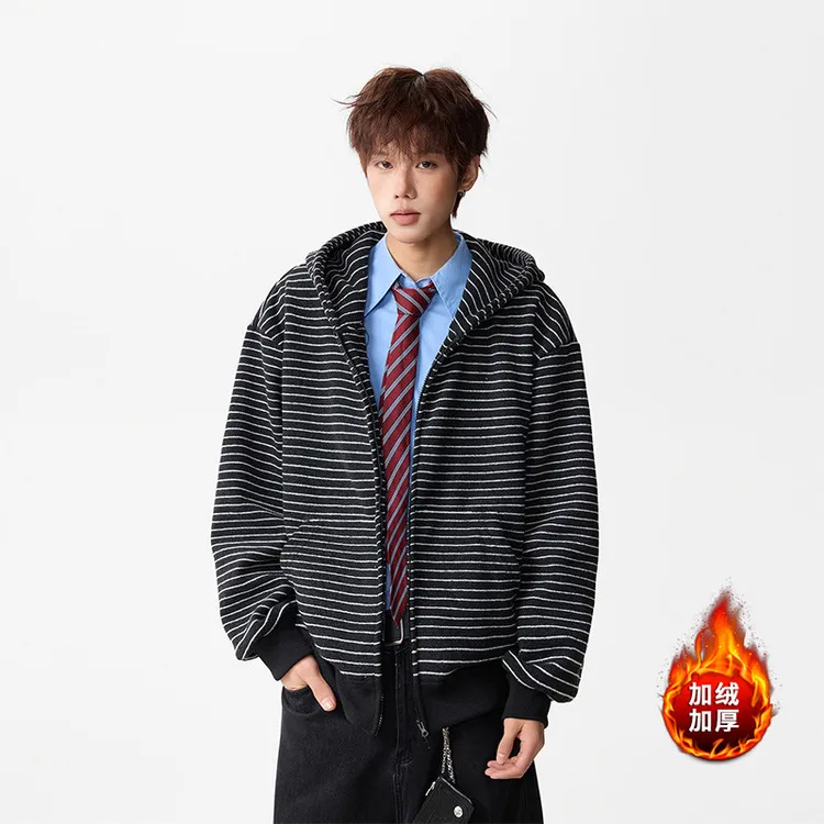 中长款打底衫外穿上衣条纹连帽卫衣美式复古感开衫保暖外套