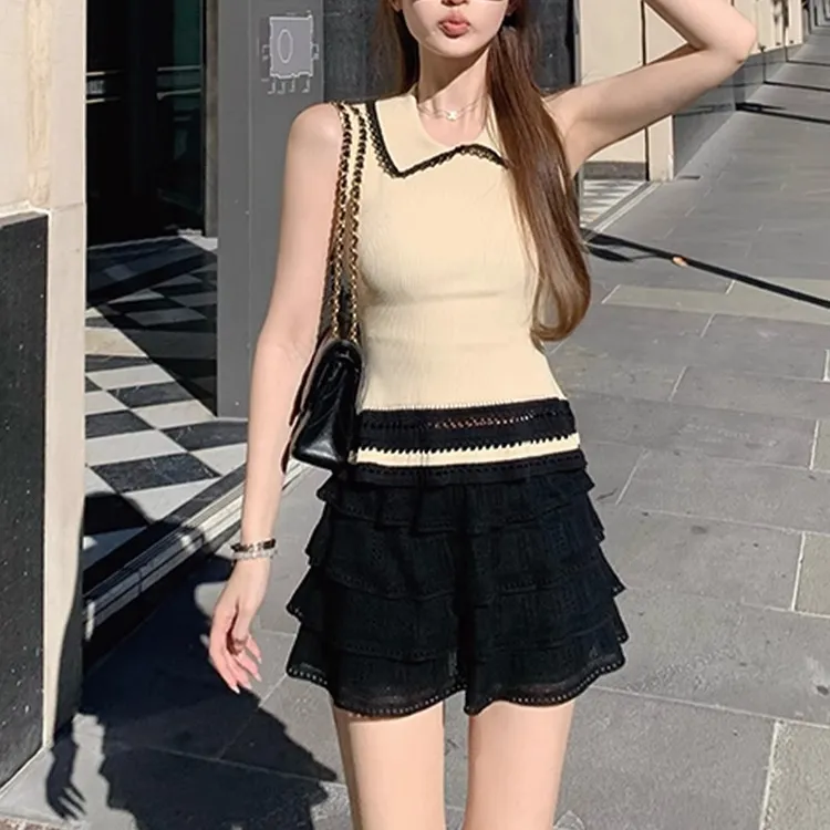 麻豆/恋恋巴黎乖甜娃娃领精致手钩中古香香无袖上衣针织背心套装