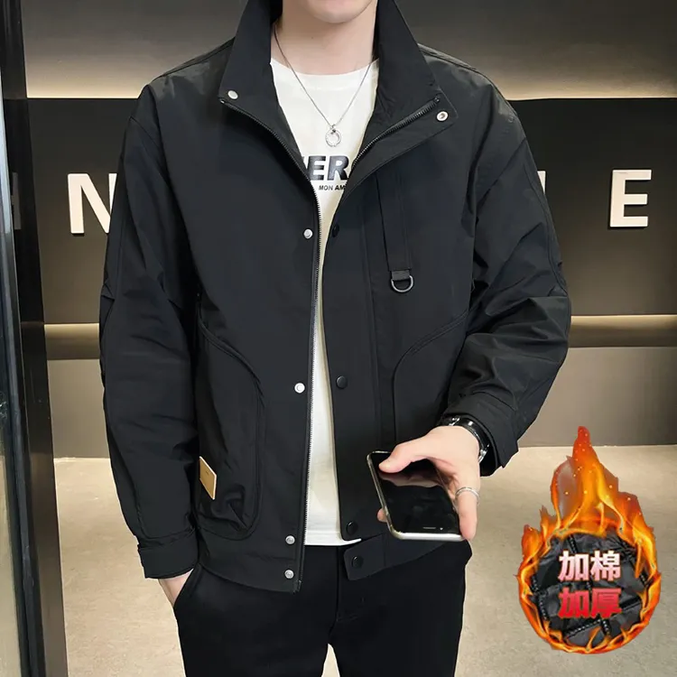 高级感加棉加厚夹克男春秋美式外套休闲工装立领宽松帅气上衣服潮