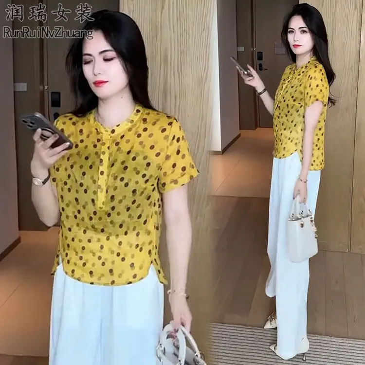 夏季薄款时尚套装女2025新款黄色波点短袖衬衫九分阔腿裤两件套潮