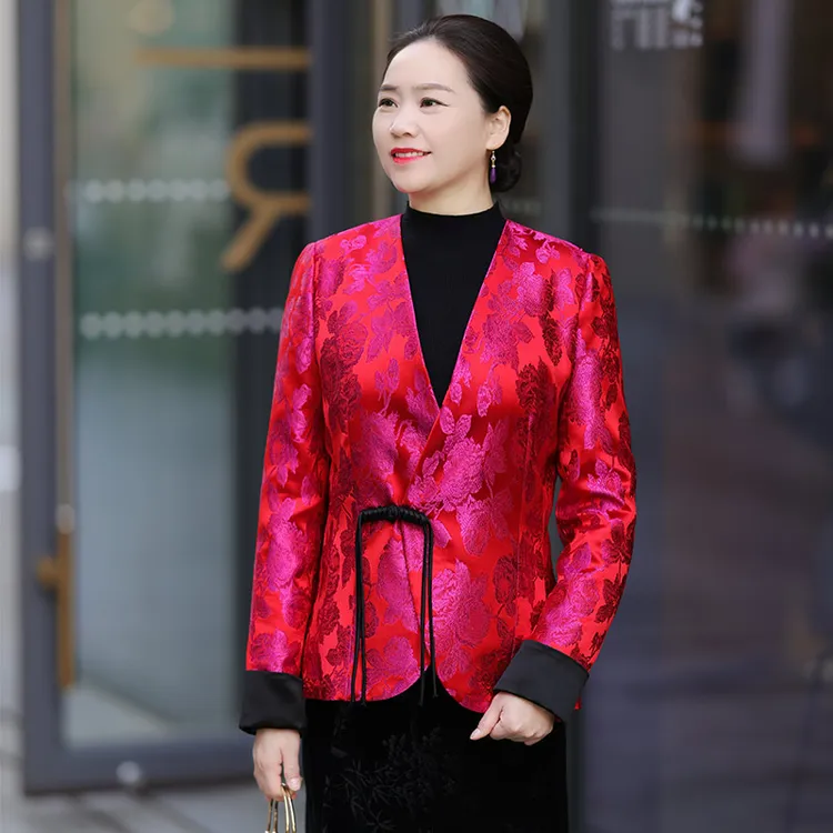 美爱《玫瑰女人》秋冬新款中式唐装宋锦长袖提花流苏上衣中国风W178