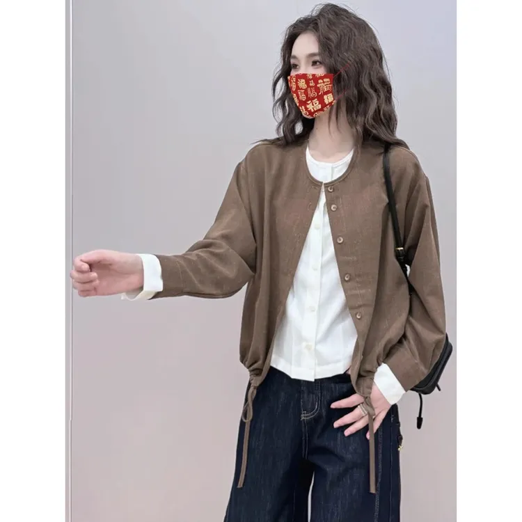 时尚休闲假两件圆领长袖衬衫女2025春秋韩版下摆抽绳百搭开衫上衣