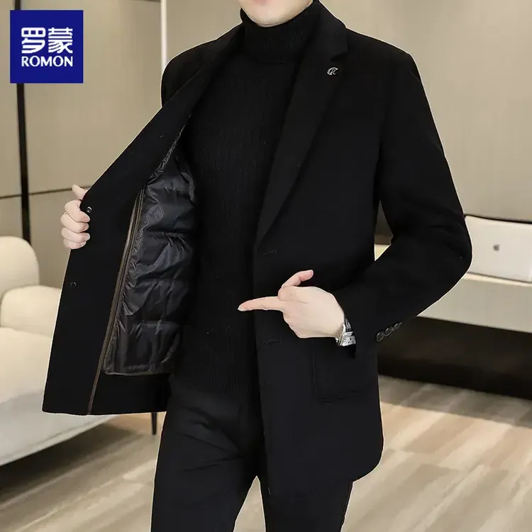 罗蒙冬季高端男士羊毛双面呢大衣中长款西装领毛呢保暖时尚百搭男