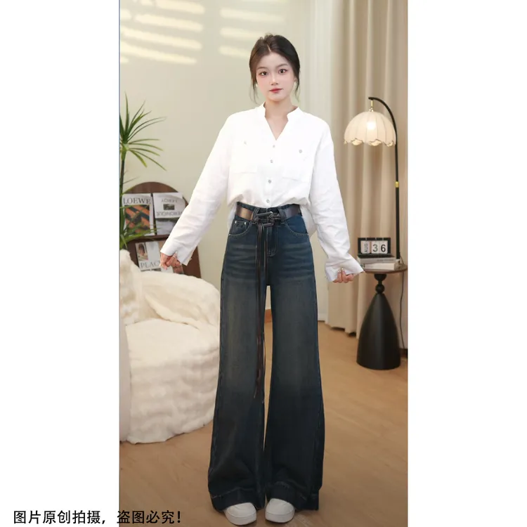 韩版复古蓝牛仔裤女款爆款2025秋季新款高腰阔腿显瘦遮肉宽松裤子