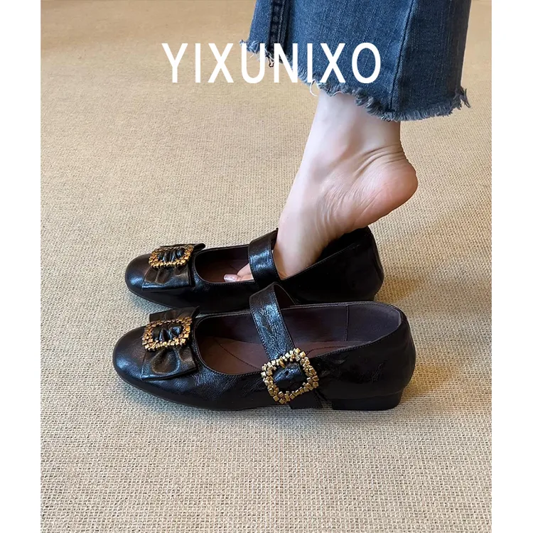 羊皮版~法式复古平底百搭单鞋女蝴蝶结粗跟时尚圆头软底玛丽珍鞋