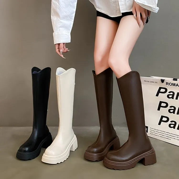 【曼曼】长筒靴女小个子V口显瘦粗跟厚底高筒骑士靴