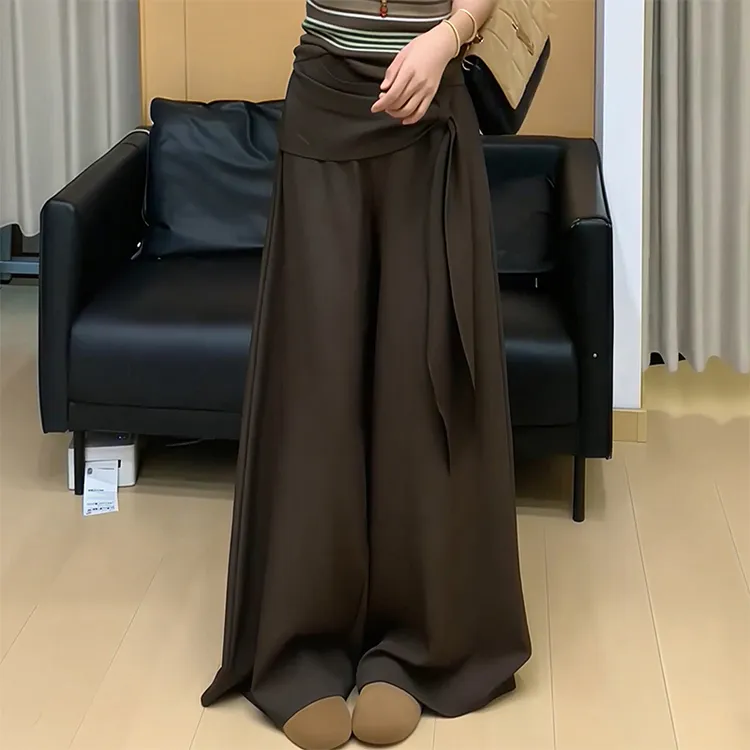 美拉德咖色阔腿裤女早秋新款松弛感高腰绑带显瘦拖地休闲长裤